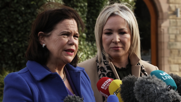 Mary Lou McDonald and Michelle O'Neill speak to the media outside the Culloden Hotel in Belfast