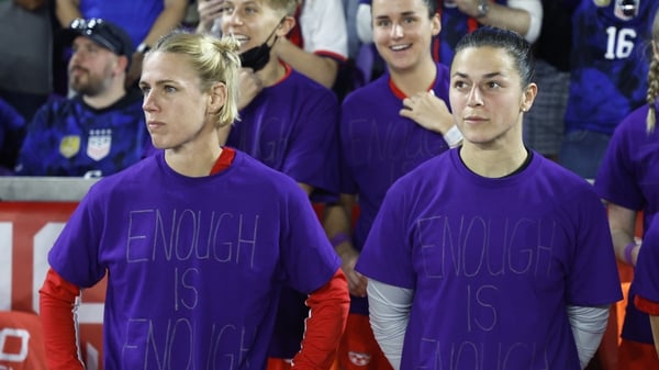 Canada players wore purple shirts displaying the words 'enough is enough' ahead of their matches at the SheBelieves Cup