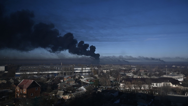 Smoke rises from a military airport in Chuguyev near Kharkiv. Photo: Getty Images
