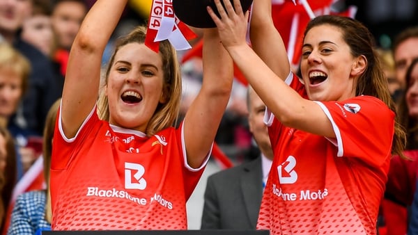 Aoife Halligan, left, and Gráinne Murray of Louth celebrate All-Ireland junior championship success in 2019