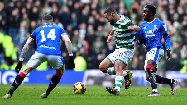 Celtic's Cameron Carter-Vickers holds off Fashion Sakala of Rangers during the sides' league meeting last meeting