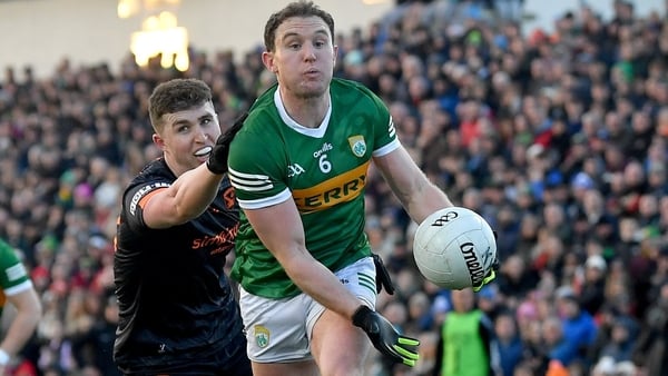 Tadhg Morley of Kerry is tackled by Tiernan Kelly