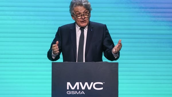 Thierry Breton, internal market commissioner for the European Union, delivers a keynote on the opening day of the Mobile World Congress in Barcelona today