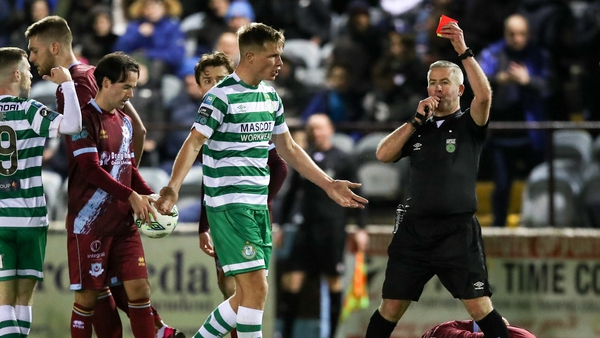 Dan Cleary is shown a red card by referee Sean Grant during Shamrock Rovers' 1-1 draw at Drogheda United last Friday