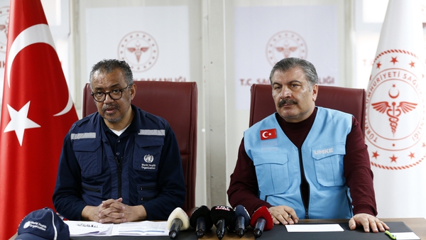 WHO Director-General Tedros Adhanom Ghebreyesus (L) held a press conference with Turkish Health Minister Fahrettin Koca in Antakya