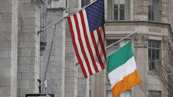 Irish and American flags pictured in New York City during a St Patrick's Day parade