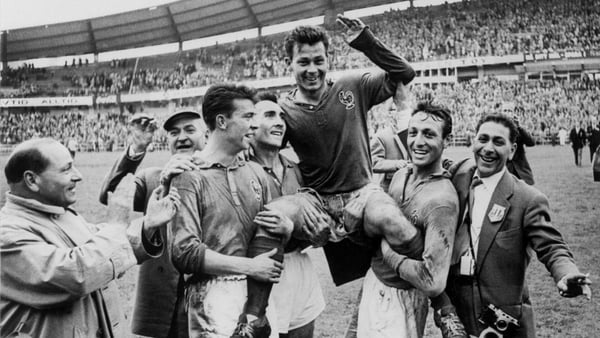 Just Fontaine is lifted by team-mates following his four-goal haul against West Germany at the 1958 World Cup