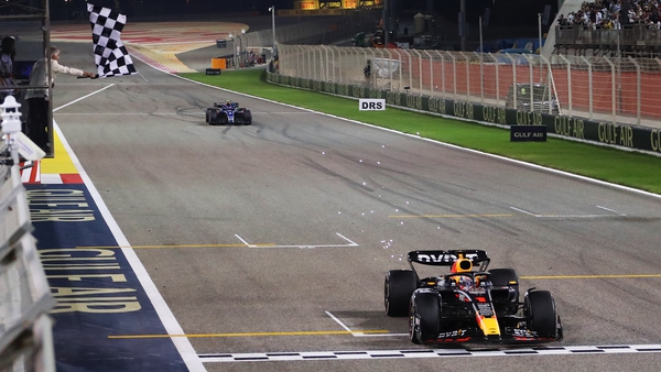 Max Verstappen crosses the finish line in the Bahrain Grand Prix