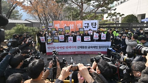 Protesters hold a rally against South Korea's announcement of plans to compensate victims of Japan's forced wartime labour, outside the Foreign Ministry in Seoul