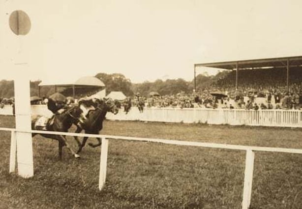 The ban on amusements and sport did not prevent the staging of this horse racing meeting at Mallow, Co. Cork on 16 March 1923 Photo: National Library of Ireland, 16th March 1923