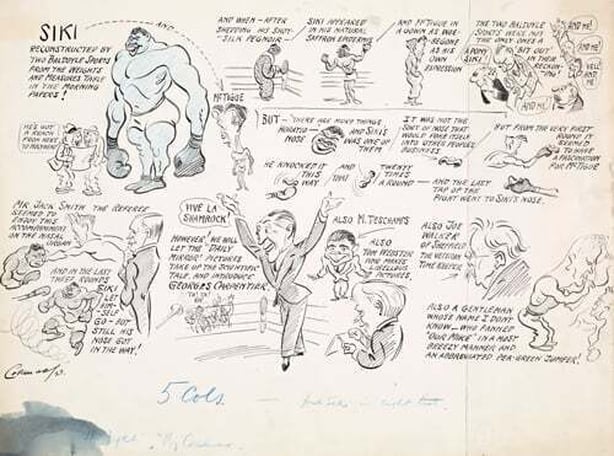 llustration depicts the 1923 World Light Heavyweight Championship boxing match that took place in La Scala Opera House, Prince's Street, Dublin on St. Patrick's Day, 1923 Photo: National Library of Ireland