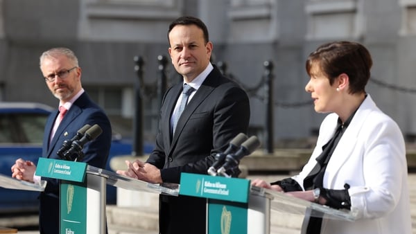 Leo Varadkar with Roderic O'Gorman and Norma Foley at a press conference in Government Buildings today