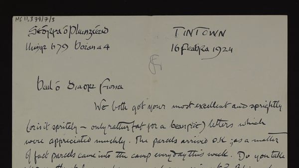 A letter sent by George Plunkett from Tintown internment camp
