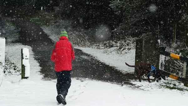 A man and his dog go for a walk in Slievethoul, Co Dublin, following heavy snow fall