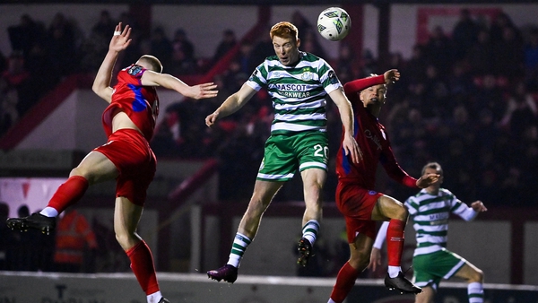 Rory Gaffney of Shamrock Rovers heads at goal