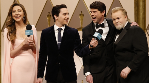 Mikey Day as Colin Farrell and Molly Kearney as Brendan Gleeson (right) during the programme's Oscars Red Carpet Cold Open