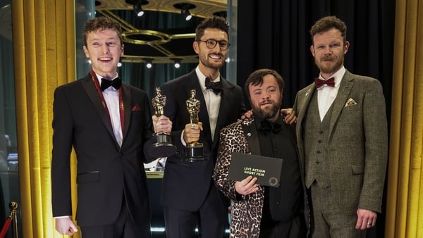 Ross White, Tom Berkeley, James Martin and Séamus O'Hara with their Oscars for Best Live-Action Short Film