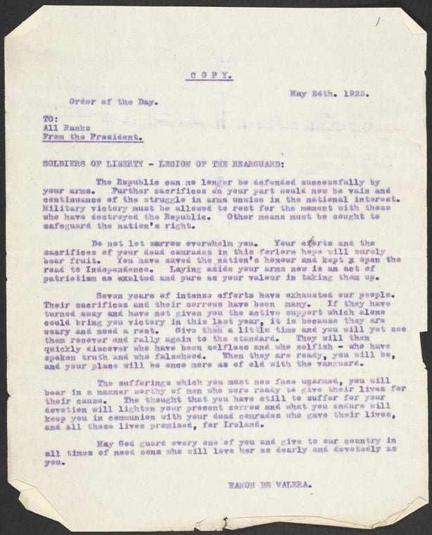 Carbon copy of de Valera's letter to the legion of the rearguard, effectively ending the Civil War. Courtesy of the National Library of Ireland