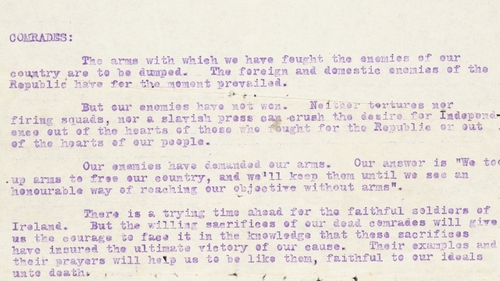 An extract from Frank Aiken's letter ordering the dumping of arms. Image courtesy of the National Library of Ireland