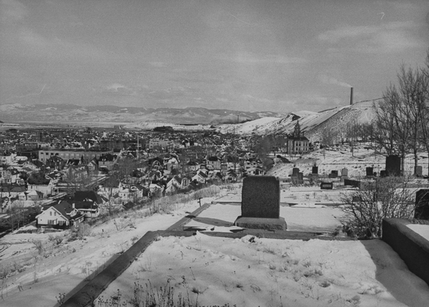 A black and white picture of the town of Anaconda. (Photo by Carl Iwasaki/Getty Images)