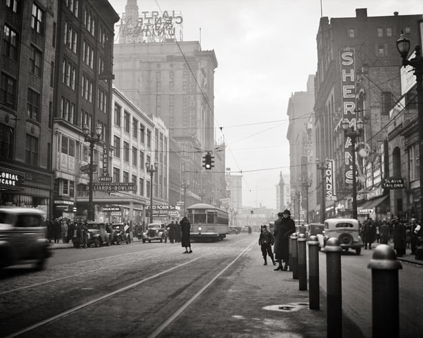 Euclid Avenue, Cleveland, Ohio 1930s Automobiles Electric Street Car Pedestrians Shoppers On Euclid Avenue Cleveland Ohio USA (Photo by Charles Phelps Cushing/Classicstock/Getty Images)
