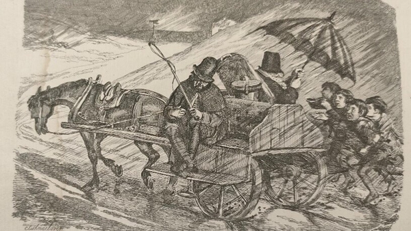 Soft day thank God: 'An outside jaunting car in storm' by Daniel Maclise from John Barrow's A Tour round Ireland through the sea-coast counties in the autumn of 1835