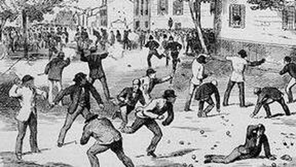 The Jubilee Riots of 1875 in the corner of Simcoe and Adelaide in Toronto. Image: Library and Archives Canada