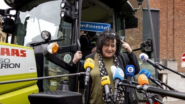 BBB leader Caroline van der Plas pictured in a tractor at the Binnenhof, the venue of Netherlands' parliament, in 2021