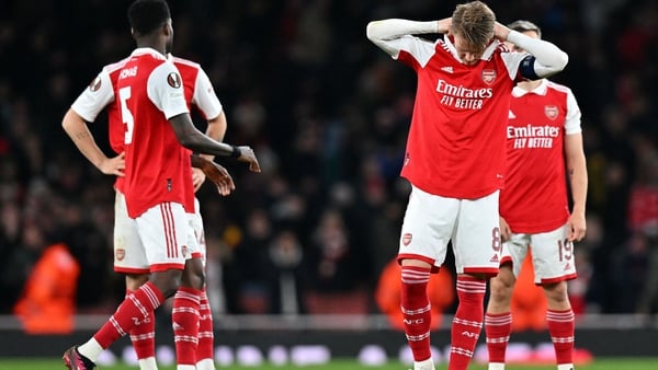 Arsenal's Norwegian midfielder Martin Odegaard reacts after his side were beaten on penalties
