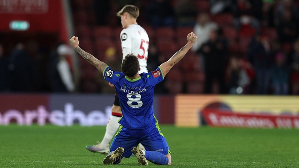 Gavan Holohan celebrates Grimsby's memorable defeat of Southampton
