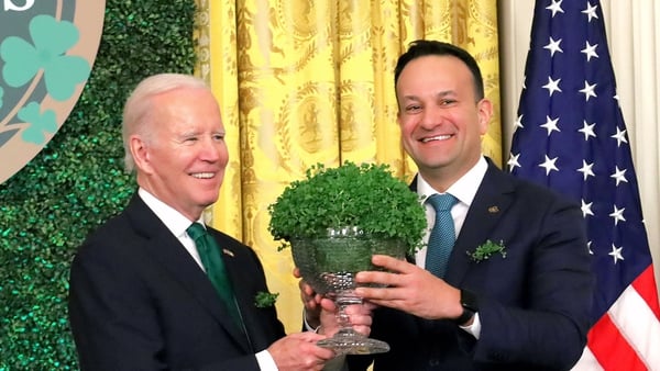 Leo Varadkar presenting Joe Biden with the bowl of Shamrock at the White House