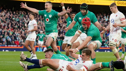 Johnny Sexton leads the celebrations after Dan Sheehan crossed for Ireland's opening try against England