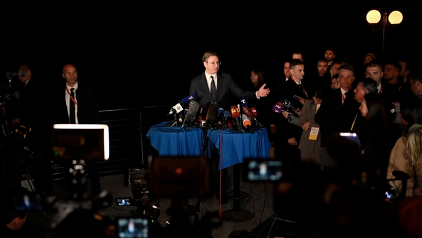 Serbian President Aleksandar Vucic addresses the media after holding meetings as part of the Kosovo-Serbia talks