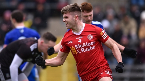 Cormac Quinn celebrates scoring Tyrone's second goal at Clones