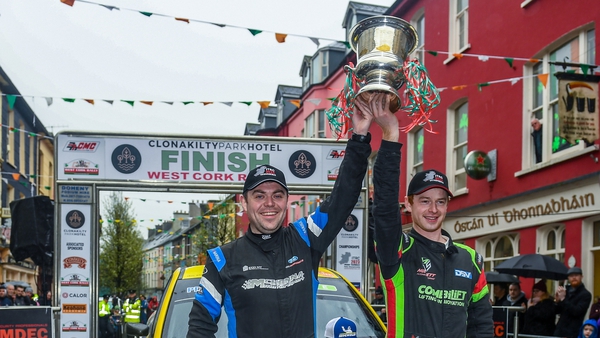 Josh Moffett and Andy Hayes celebrate after winning West Cork Rally