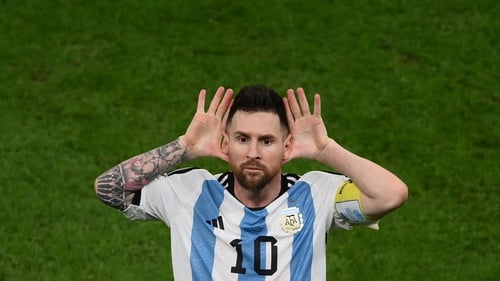 Messi's hands-behind-the-ears gesture was seen as a dig at Dutch manager Louis Van Gaal Photo: Getty Images
