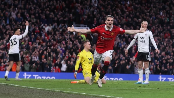 Marcel Sabitzer celebrates his goal in Manchester United's 3-1 FA Cup victory over Fulham