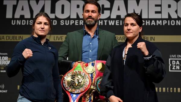 Katie Taylor, promoter Eddie Hearn and Chantelle Cameron in Dublin this afternoon