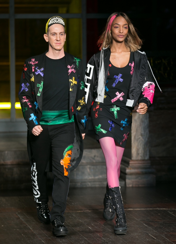 Jeremy Scott and Jourdan Dunn on the catwalk during the Moschino London Collections Men AW2016 show
