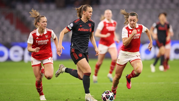 Klara Beuhl pursued by Katie McCabe in Bayern Munich's 1-0 win over Arsenal