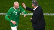 Stephen Kenny congratulates Will Smallbone after he was substituted late on in the win over Latvia
