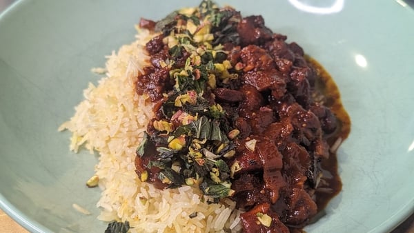 Dvir Nusery's Tanzia chicken and dried fruit with cinnamon rice and pistachio gremolata