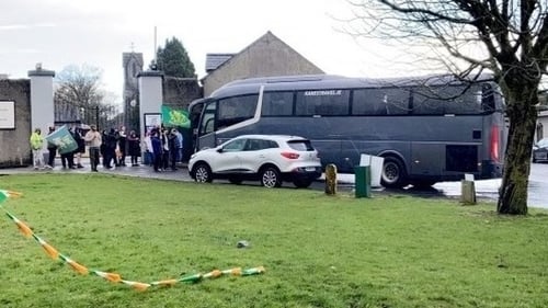 The bus arrived at Columb Barracks shortly after 1pm yesterday and was prevented from entering