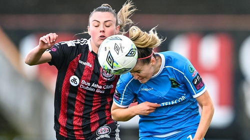 Erin McLaughlin of Peamount United in action against Mia Dodd of Bohemians