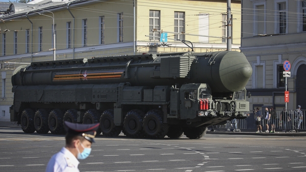 A Russian nuclear missile rolls along during a military parade marking the 75th anniversary of Nazi defeat, on 24 June 2020