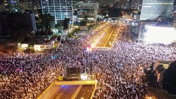 An aerial view of the streets as Israelis continue protests against the Israeli government's plan