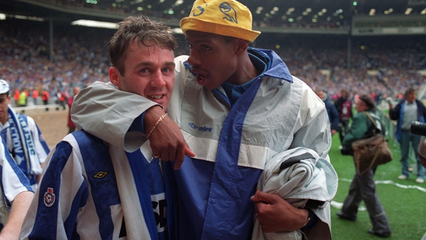 Palmer with Sheffield Wednesday team-mate, former Irish international John Sheridan, after beating Manchester United in the 1991 Rumbelows Cup final. Sheridan nabbed the only goal of the game.