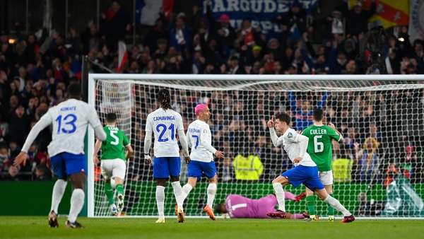 Benjamin Pavard (r) celebrates after firing in what proved to be France's winning goal at the Aviva Stadium