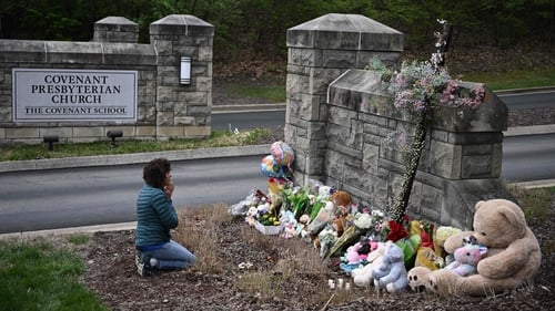 A makeshift memorial for victims of a shooting at the Covenant School in Nashville, Tennessee