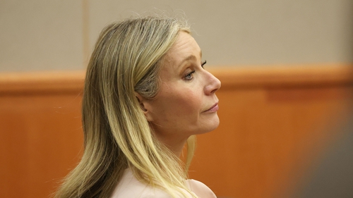 Actress Gwyneth Paltrow listens in court during her civil trial over a collision with another skier at a resort in Utah